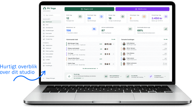 Holdstyrings dashboard med dagens hold, bookinger og omsætning vist på en bærbar computer